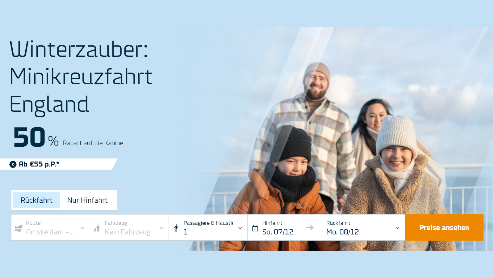 Offerta invernale DFDS con sconto del 50% a una minicrociera da Amsterdam a Newcastle.