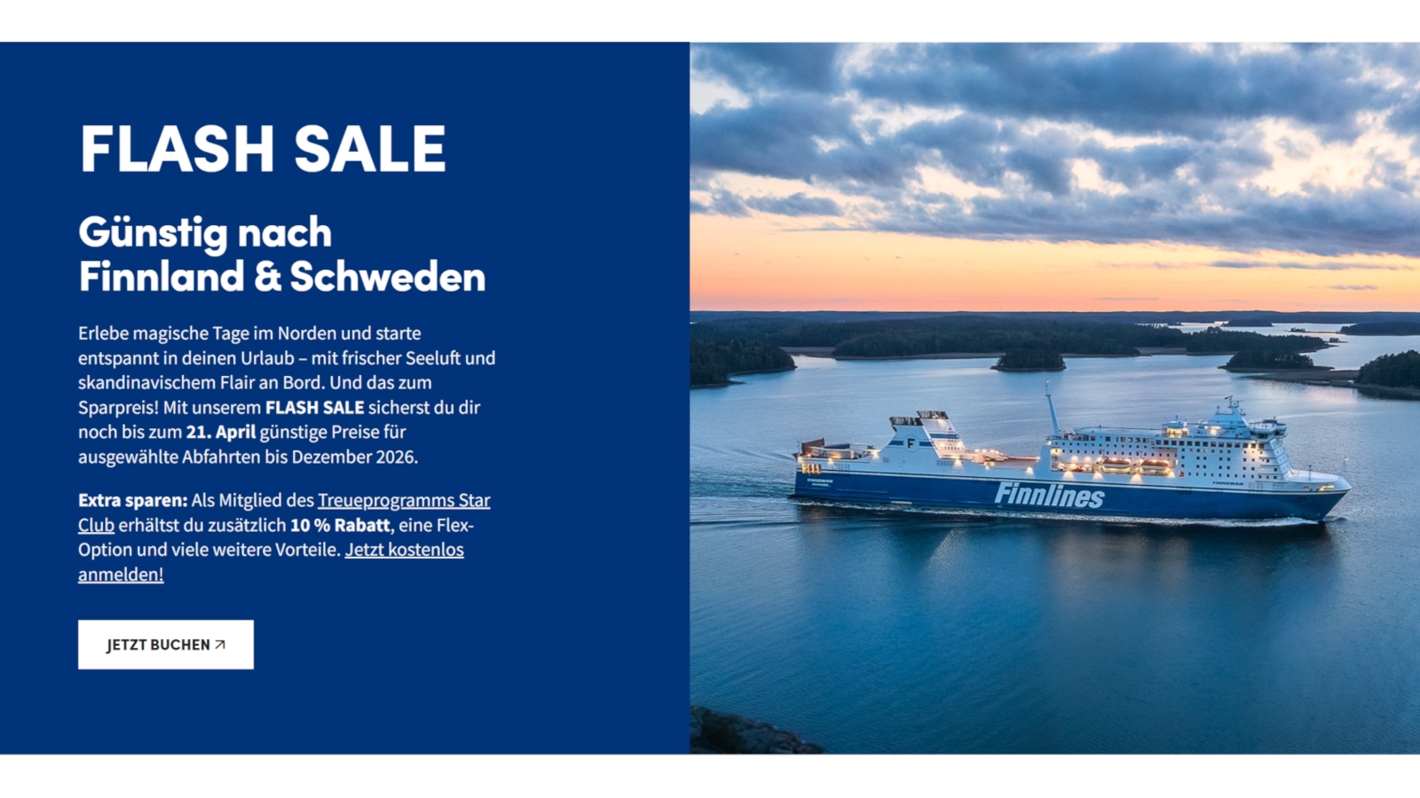 Finnlines Flash Sale 2026 con sconti sui biglietti dei traghetti a destinazione della Finlandia e della Svezia.