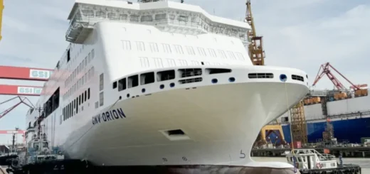 Il nuovo traghetto GNV Orion presso il cantiere navale in Cina.