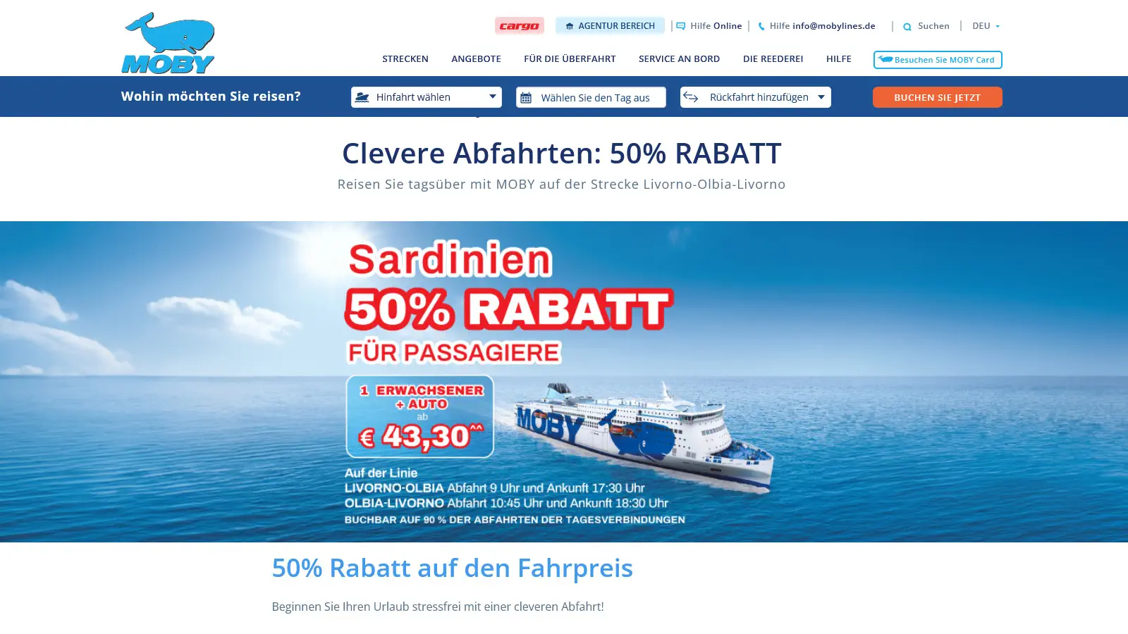 Offerta Moby Lines Sardegna con il 50% di sconto sui biglietti del traghetto.